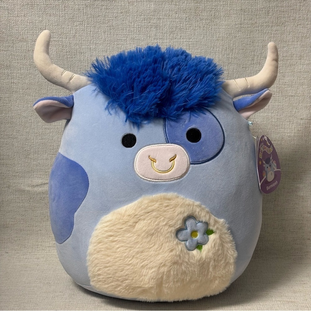 Squishmallows 12" Bermayeh Blue Ball with Fuzzy White Belly and Flower Plush